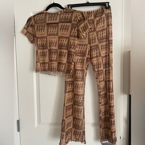 Inamorata Womens 2‎ Piece Mesh Baby Tee Beachwood Flare Pants Size S Brown